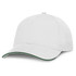A white cap featuring a contrasting green trim on the brim.