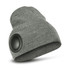 A grey beanie with a large circular speaker on the side, designed for Bluetooth connectivity.