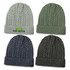 A set of four knitted beanies in grey, dark green, navy, and charcoal, featuring a logo on one beanie.