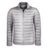 A grey puffer jacket featuring a zip front and a stand-up collar, with a branding logo on it.