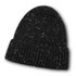 A black beanie with a speckled design and a rolled cuff, featuring a logo on one side.