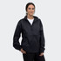 A unisex windbreaker jacket in black featuring a zip front and elastic cuffs, styled with a relaxed fit.