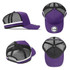 A purple and black striped trucker cap featuring mesh panels and a logo. The cap displays a classic A-frame design.