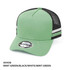 A mint green trucker cap with black mesh sides and white striped details, featuring a logo on the front.