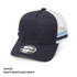 A navy and white striped trucker cap with a mesh back and a logo on the front.