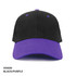 A black and purple kids cap with a curved brim and adjustable strap, featuring a logo on the front.