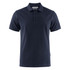 A navy blue men's cotton polo shirt with a collar and three-button placket. It features a logo on the side.