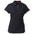 A women's cotton polo shirt in navy blue with white and red accents, featuring a collar and a logo.