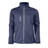 A men's softshell jacket in navy blue with a front zip, featuring a chest pocket and a logo.