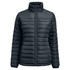 A women's padded puffer jacket in dark grey with a high collar and zipped front. Features vertical quilted sections and branding.