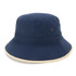 A navy microfibre bucket hat with a cream trim, featuring metal eyelets for ventilation and a simple design.