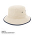 A beige microfibre bucket hat with a dark navy brim, featuring ventilation eyelets and a logo.