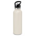 A drink bottle featuring a sleek, powder-coated design in a light color, with a stainless steel rim and a black lid.
