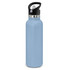 A drink bottle featuring a powder-coated light blue finish and a black flip-top lid.