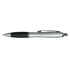 A sleek metal pen featuring a silver body and a black grip for comfortable writing.