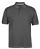 A grey pique polo shirt featuring a collar and a logo. It has short sleeves and three buttons at the neckline.