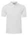 A white polo shirt with a collar and three-button placket, featuring a logo on the chest.