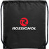A black drawstring sportspack featuring a logo on the front and navy drawstrings.