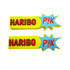 A vibrant yellow USB flash drive with a blue and red design, featuring the word "HARIBO" and a playful starburst shape.