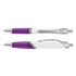 A purple and white plastic pen with silver accents, featuring a clip and a smooth grip. It includes a logo.