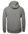 A grey hoodie with a hood and long sleeves, featuring a simple design and a logo on the back.