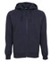 A navy blue zip-up hoodie featuring a front pocket and drawstring hood, with a subtle logo on the label.