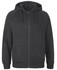A black zip-up hoodie featuring a hood and front pockets, with a logo on the label.