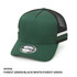 A trucker cap in forest green, black, and white featuring a logo and striped design on the front.