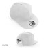 A white cap with a flat brim and an adjustable strap, featuring a logo on the front.