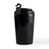 A reusable black coffee cup with a black lid and a built-in hook. It features a logo on the surface.
