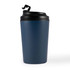 A reusable coffee cup in a deep navy blue color with a black lid and a flip top for easy access.