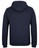 A navy blue 1/2 zip hoodie with a hood and a simple design, featuring a logo on the garment.