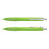 A plastic pen in bright green with silver accents and a sleek design, featuring a logo.