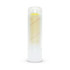 A transparent stick with a yellow core, featuring a white base. It has a twisted design and a logo on its surface.