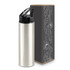 A drink bottle in silver with a flip cap, accompanied by decorative packaging featuring a design and logo.