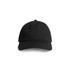 A black cap featuring a curved brim and a logo on the front, designed for casual wear.