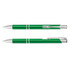 A green metal pen with silver accents, featuring a clip and sleek design, including a logo.