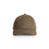 A khaki cap with a structured front and ventilation holes, featuring a simple logo on the side.
