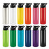 A drink bottle collection featuring various colours: silver, white, yellow, orange, pink, green, blue, purple, and black, with snap caps and logos.