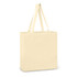 A beige cotton shoulder tote bag with long handles and a simple design, featuring a logo on one side.