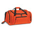 An orange duffle bag with multiple zipped pockets and black accents, featuring both handles and a shoulder strap.