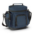 A navy blue cooler bag with multiple pockets and a top handle for easy carrying. It features a removable shoulder strap and a logo.