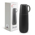 A drink bottle in black with a grey handle, accompanied by a branded box.