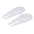A white golf divot repairer with a built-in marker, featuring a sleek, functional design.