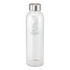 A drink bottle made of clear glass with a stainless steel cap. The bottle features an engraved logo in the center.