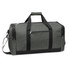 A dark green duffle bag with black accents, featuring a shoulder strap and zippered pockets. It has a logo on it.