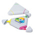 A set of triangular highlighters in pink, yellow, and green, featuring a logo on the main body.