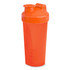 A drink bottle with a vibrant orange colour and a flip-top lid, featuring a logo on its side.