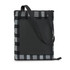A black and grey plaid picnic blanket with a carrying strap and a front pocket. Features a branding logo.