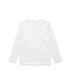 A plain white long-sleeve t-shirt with a simple design and a logo.